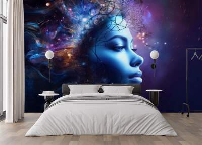 Illustration of woman sleeping and dreaming. Psychic girl considers mind and heart, spirituality, esotericism. Psychic waves concept, Generative AI illustration Wall mural