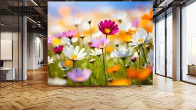 Nature floral background in early summer. Colorful natural spring landscape with with flowers, soft selective focus, Generative AI illustration Wall mural