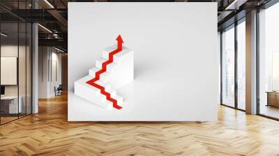 Red arrow up with white stair on white background, 3D arrow climbing up over a staircase , 3d stairs with arrow going upward, 3d rendering Wall mural