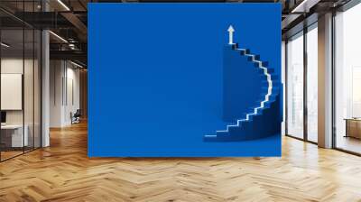 White arrow following the spiral staircase of growth on blue background, 3D arrow climbing up over spiral staircase, 3d stairs with arrow going upward, 3d rendering Wall mural