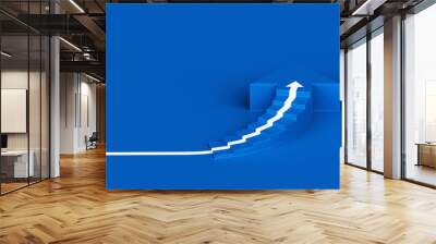 White arrow following the spiral staircase of growth on blue background, 3D arrow climbing up over spiral staircase, 3d stairs with arrow going upward, 3d rendering Wall mural