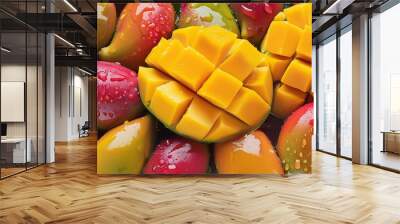 Flat lay of mango fruit texture with slice, Top view of fruits concept background Wall mural