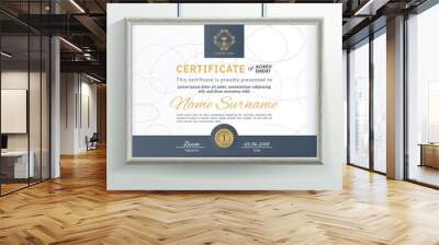 Official grey vector certificate with dark blue beige design elements and realistic grey border hanging on the wall . Business clean modern design Wall mural