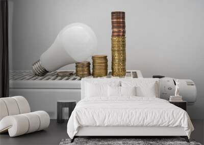 Energy crisis. White LED light bulb on a radiator with money coin stack. Growing electric and gas bill. Central heating. Wall mural