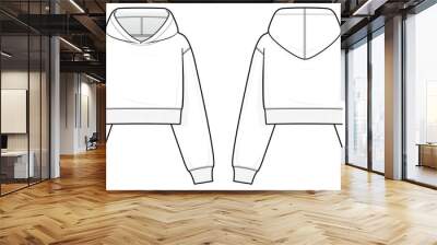 Kids Hoodie technical fashion illustration. hoodie vector template illustration. front and back view. oversized. drop shoulder. unisex. white color. CAD mockup. Wall mural