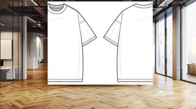 Men's Casual T-shirt technical fashion illustration. Tee shirt vector template illustration. front and back view. Crew Neck Short Sleeve. oversized. drop shoulder. unisex. white color. CAD mockup. Wall mural