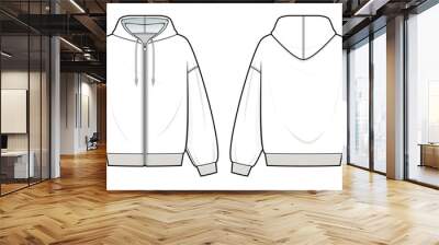 white Zipper Hoodie technical fashion illustration. hoodie vector template illustration. front and back view. oversized. drop shoulder, Zipper front opening. unisex. white color. CAD mockup set. Wall mural