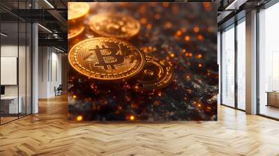 Digital gold money bitcoin and popular cryptocurrency tokens coins, 3d render banner illustration. Сoncept for crypto currency, mining, technology, investment, finance Wall mural