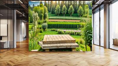 Empty Wooden Table Product Podium: Farm Wood Nature Field Table, Product Grass Garden Background Stand Green Food, Morning Farm Outdoor Sky, Beauty Sun Scene Platform View Beautiful Trunk, ad, podium  Wall mural