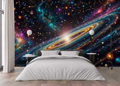 Ultra detailed microscopic level image of a black colourful cosmic structure, dark entropy, gravitational pull, space dust, dreamy cosmic abstract background Wall mural