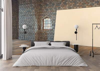 Blank canvas  brick wall  and wood floor  rustic loft interior design  perfect for modern art and design projects    Wall mural