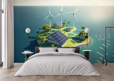 Eco energy. Solar panels with wind stations on the island. 3d illustration Wall mural