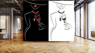 Vector black and white outlined lady silhouettes with glass of wine in the hand Wall mural