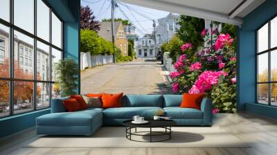 Pink flowers on historic street Wall mural