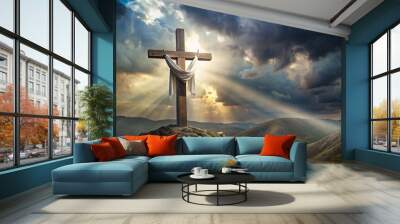  christian cross on the mountain with sun light Wall mural