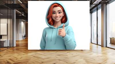 3d illustration of a young woman in hoodie showing thumbs up on transparent background. Wall mural