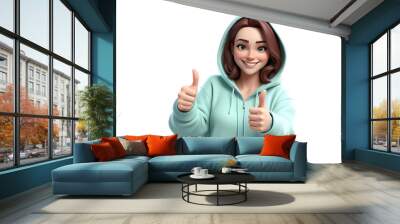 3d illustration of a young woman in hoodie showing thumbs up on transparent background. Wall mural