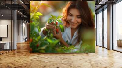 A young Indian female plucking organically grown red chillies from her rooftop vegetable garden Wall mural