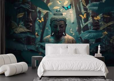 Buddha in a nature friendly peaceful tropical environment. Generative AI Wall mural