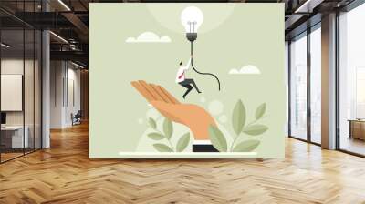 Conceptual illustration of a business man with idea is flying up from a big hand Wall mural