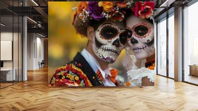 Day of the Dead sugar skull with bride and groom in traditional costume with flowers. Wall mural