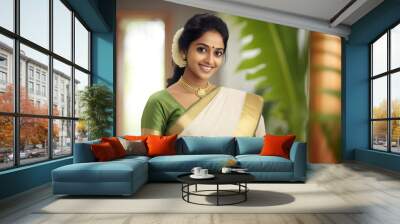 Happy smiling female of Indian ethnicity wearing traditional Kerala style sari and jewellery in the outdoor	 Wall mural