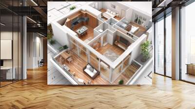 House model on a construction plan. Real estate concept. 3d rendering. Wall mural