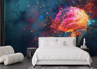 human brain and light bulb on abstract colorful background. Idea and Brainstorming concept. Wall mural