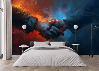 Human handshake with colorful paint splashes on abstract background. Wall mural