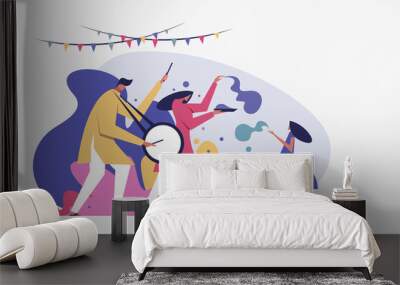 Illustration of a family celebrating Holi festival by throwing colours and dancing Wall mural