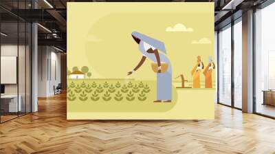 Illustration of a woman throwing fertile to the crops in the agricultural field Wall mural