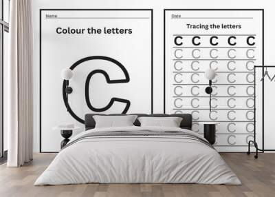 Alphabet tracing practice Letter C. Tracing practice worksheet. Learning alphabet activity page. Printable template. Uppercase and lowercase ABC trace practice worksheet. Learning English handwriting Wall mural