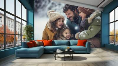 loving father and children playing together in a snowy winter background. father’s day concept Wall mural