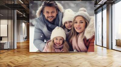 loving parents and children playing together in a snowy winter background Wall mural