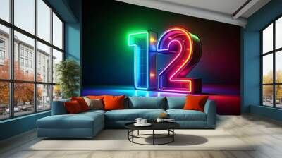 Number 12 illuminated in neon style on dark background, 12 birthday and anniversary concept Wall mural