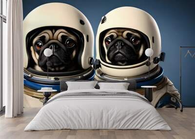 Portrait of two pug astronuts wearing space suits. Generative AI Wall mural