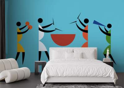 Tribal style illustration of people playing percussion instruments Wall mural