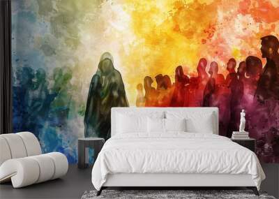 Watercolor painting of lord Jesus and a group of people in the background. Wall mural