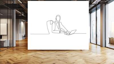 continuous line drawing of businessman sitting in office Wall mural