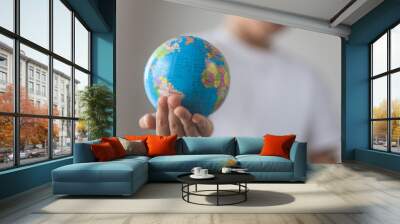 Boy holding toy globus in his hand. Day natural window light Wall mural