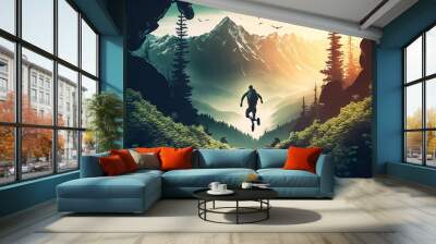 A man runs fast to jump over the abyss between two mountains with a beautiful green forest sunsete view. Created with Generative AI technology.
 Wall mural