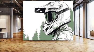 Close up motocross and Rider with helmet, race, High detail, , 8k, with beautiful green forest views in the helmet goggles. minimalist line drawing white background. Created with Generative AI Wall mural