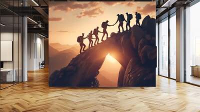 Hiking team people helping each other friend giving a helping hand while climbing up on the mountain rock adventure travel concept of sunset friendship support trust teamwork success. Created with AI Wall mural