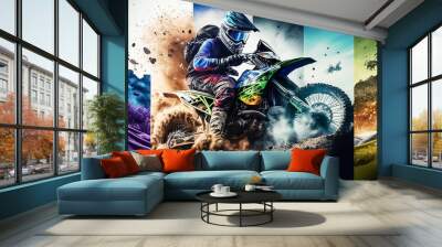 Multi sport collage athletics xtream, motocross, mountain bike, offroad car, hiking, trail run, race, neons light, High detail, hyper realistic, 8k. Created with Generative AI technology. Wall mural