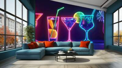 Striking neon sign depicting outlines of popular cocktails - martini, margarita, mojito. Stylish drink menu advertisement. Wall mural