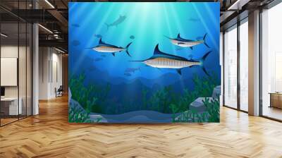 Blue Marlin Fish Swimming Under Water Cartoon Animal Character. Vector Illustration. Wall mural