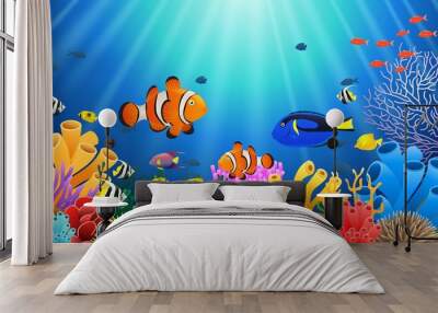 Clown fish under the sea. Vector illustration Wall mural