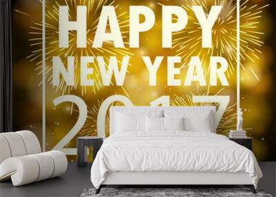 Gold New Year 2017 card. Happy New Year background with glowing effect and sparkling stars texture. Vector Illustration Wall mural