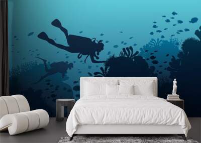 Silhouette of diver, coral reef and underwater cave on a blue sea background. Vector illustration. Wall mural