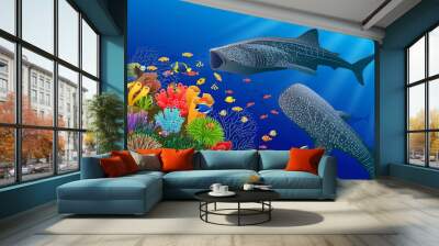 Whale shark cartoon with underwater view and coral background. Vector Illustration Wall mural